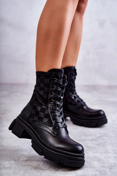 Wysokie Damskie Botki Wiązane Czarne Verlon