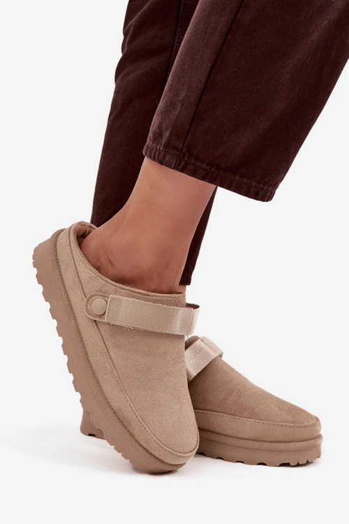 Damskie Kapcie Ocieplane Futerkiem Na Platformie Beżowe Azida