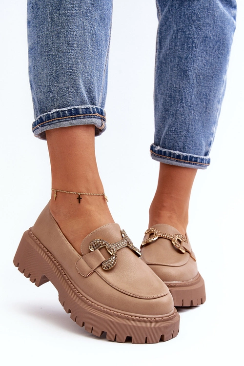 Mokasyny Damskie Z Ozdobą Ciemnobeżowe Gargi