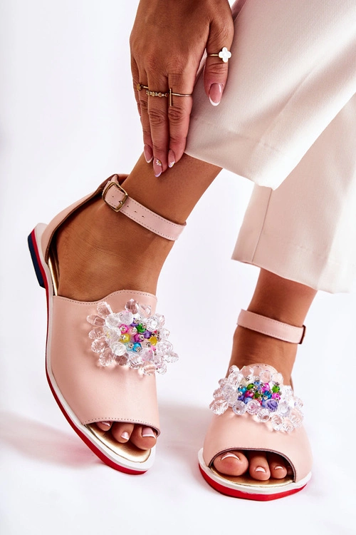 Damskie Skórzane Sandałki Z Ozdobą Jasnoróżowe Nevassa