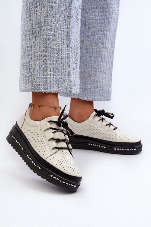 Skórzane Półbuty Damskie Na Platformie S.Barski LR769A Beżowe