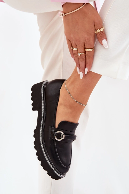 Mokasyny Damskie Zdobione Cyrkoniami Czarne Patina