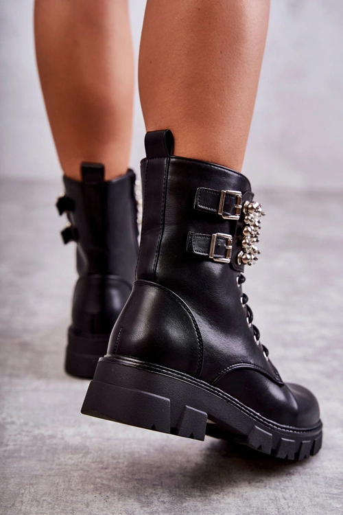 Damskie Botki Z Ozdobami Wiązane Czarne Leonese