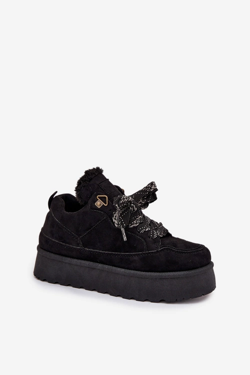 Sznurowane Śniegowce Damskie Na Platformie Ocieplane Futerkiem Czarne Tavelle