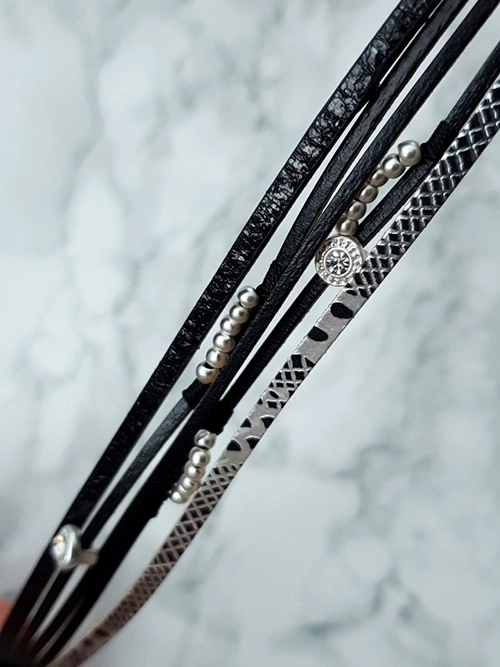 Damska Bransoleta Rzemień Czarna Koraliki Michiko