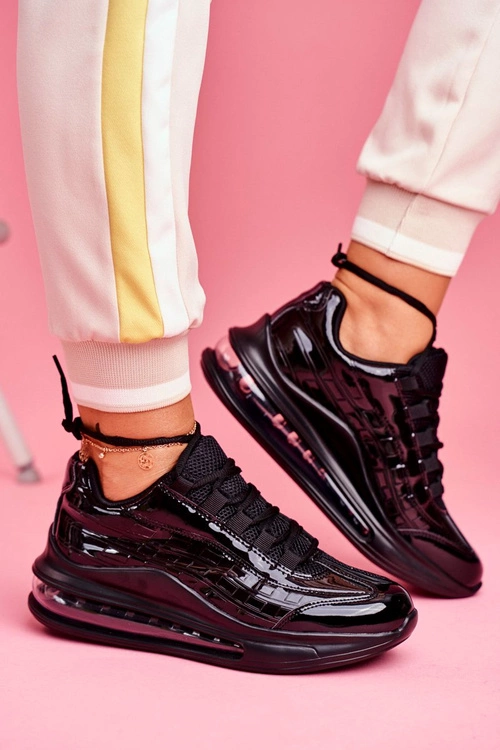 Sportowe Damskie Buty Sneakersy Lakierowane Czarne Meff