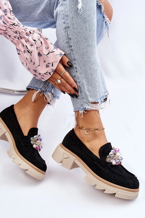 Damskie Półbuty Mokasyny Z Ozdobami Czarne Issac