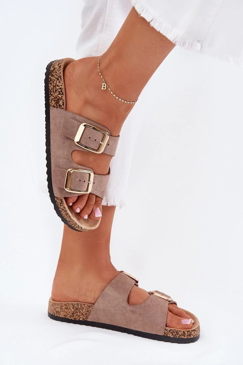 Klapki Damskie Z Eko Zamszu Złote Klamry Ciemnobeżowe Vorella