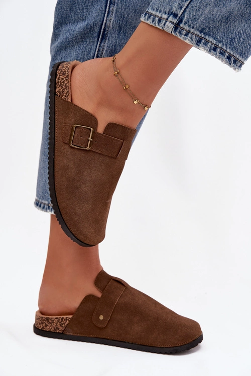 Klapki Chodaki Damskie i Na Platformie Z Klamrą Brązowe Selio