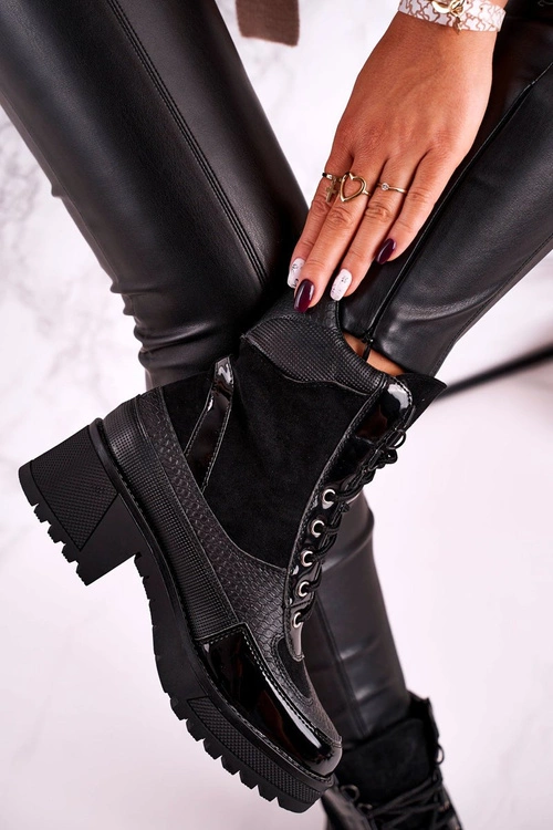 Botki Workery Ocieplane Czarne Print Zwierzęcy Helena