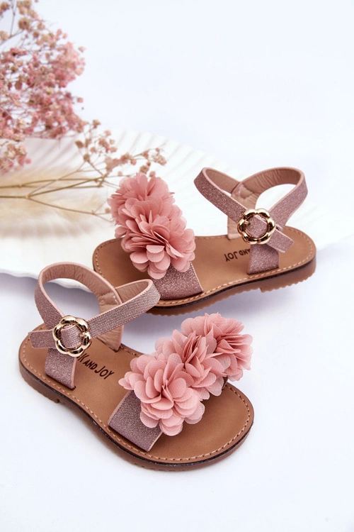 Modne Dziecięce Sandały Z Kwiatami Różowe Poly