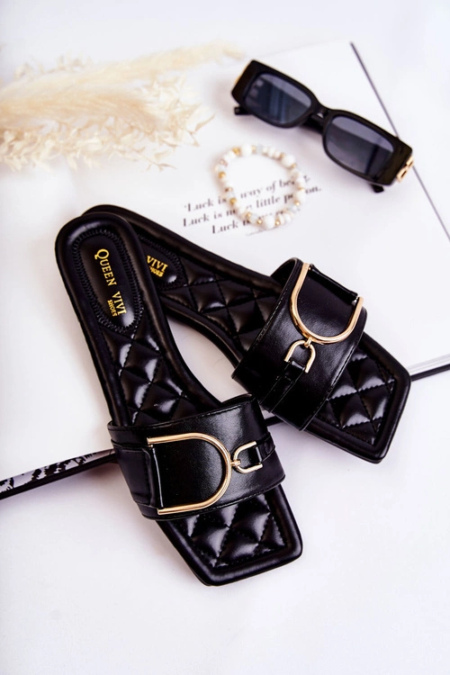 Damskie Skórzane Klasyczne Klapki Z Ozdobą Czarne Shilla