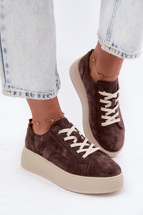 Skórzane Zamszowe Sneakersy Na Platformie Kobbo 41535 Czekoladowe
