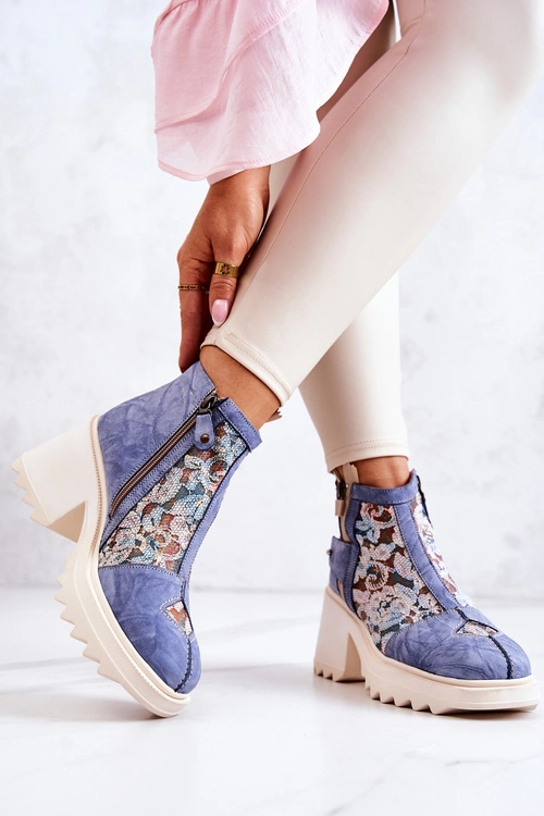 Skórzane Botki Na Masywnym Słupku Maciejka Niebieskie 05325-06