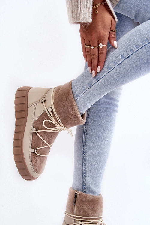 Skórzane Śniegowce Botki Na Platformie Beżowe Maxava