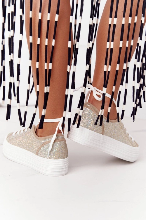 Brokatowe Tenisówki Na Platformie Złote Luna