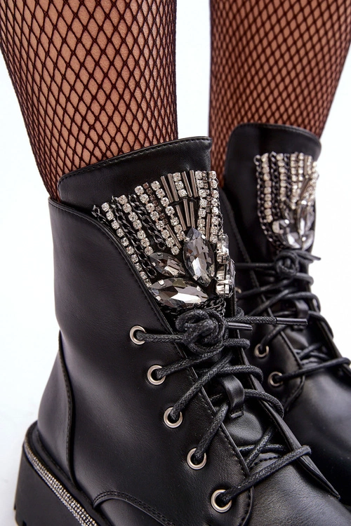 Niskie Botki Workery Z Biżuteryjną Ozdobą Czarne Melenope