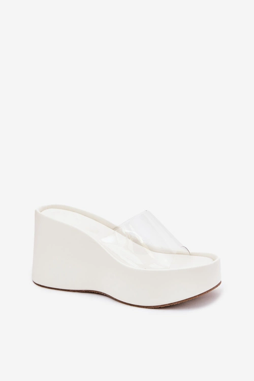 Klapki Damskie Na Koturnie Z Transparentnym Paskiem Białe Zolretia