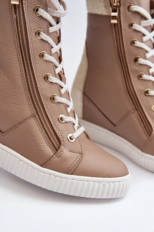 Zazoo 3081 Skórzane Trampki Damskie Na Koturnie Beżowe