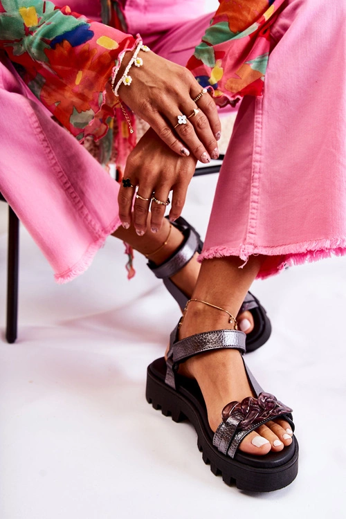 Skórzane Sandały Na Rzepy Maciejka L5009-41 Ciemnosrebrne