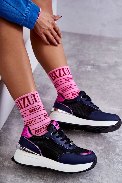 Damskie Buty Sportowe Na Koturnie GOE KK2N4081 Czarno-Granatowe