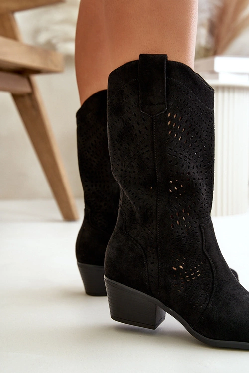 Ażurowe Damskie Botki Kowbojki Na Obcasie Czarne Iceda