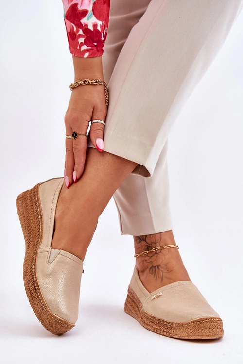 Damskie Skórzane Espadryle Na Koturnie Beżowo-Złote Lemar Hadlee