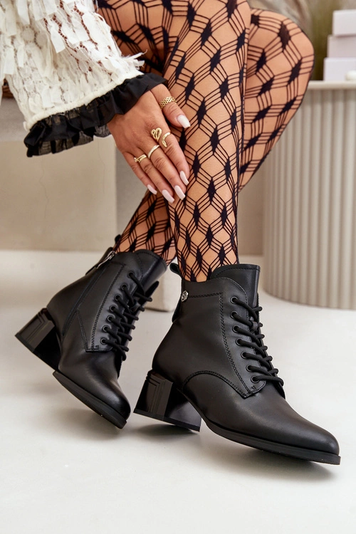 Sznurowane Botki Damskie Na Obcasie Ze Skóry Naturalnej Ocieplane Czarne Vinceza 91110