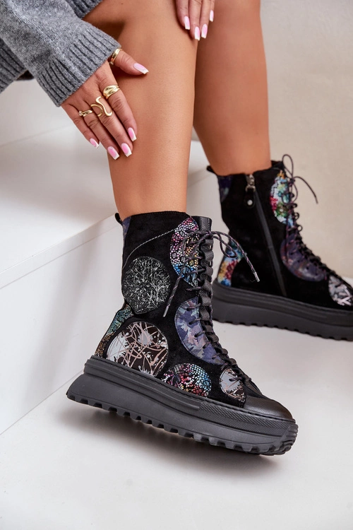 Skórzane Zamszowe Botki Na Platformie Ocieplane Maciejka 06565-01 Czarne