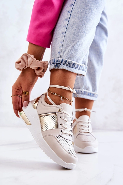 Damskie Skórzane Buty Sportowe Na Koturnie Beżowo-Białe Larson