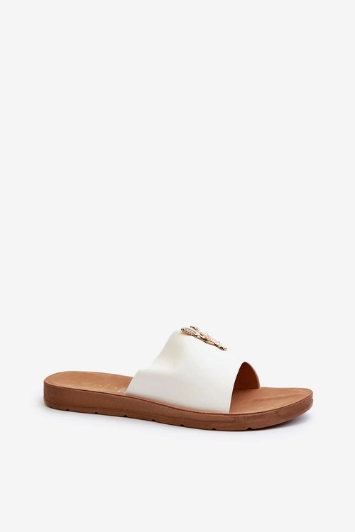 Klapki Damskie Na Płaskiej Podeszwie Z Ozdobą Eko Skórzane Białe Makia