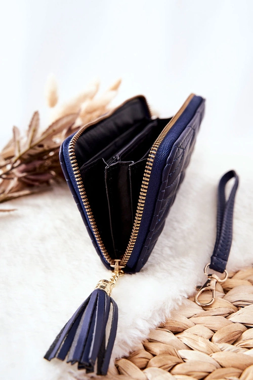 Duży Portfel Pikowany Na Suwak Z Paseczkiem Granatowy