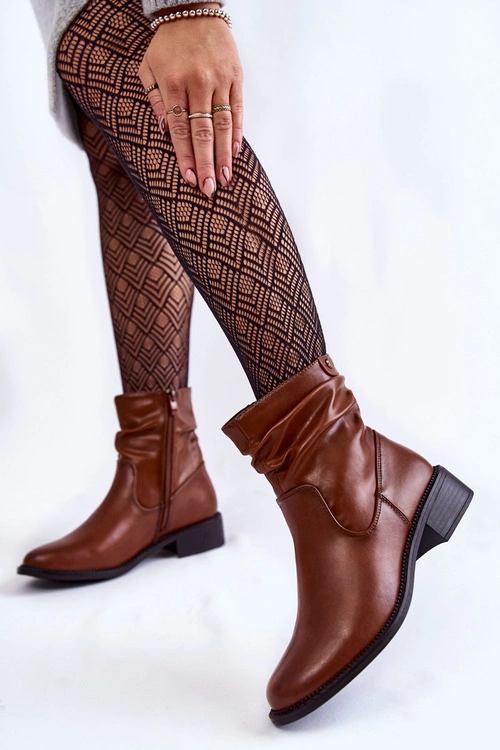 Damskie Marszczone Botki Na Płaskim Obcasie Brązowe Sersa