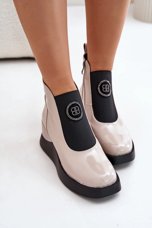 Skórzane Botki Na Koturnie D&A MR880-137 Beżowe