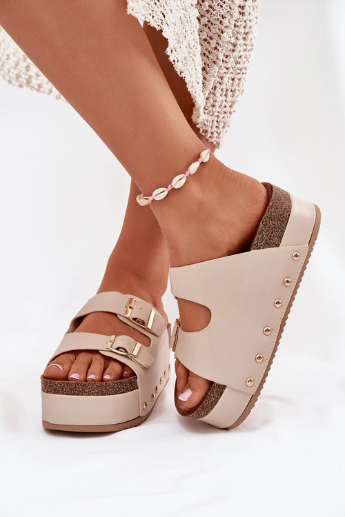 Klapki Damskie Z Klamrami Na Masywnej Platformie Beżowe Odisene