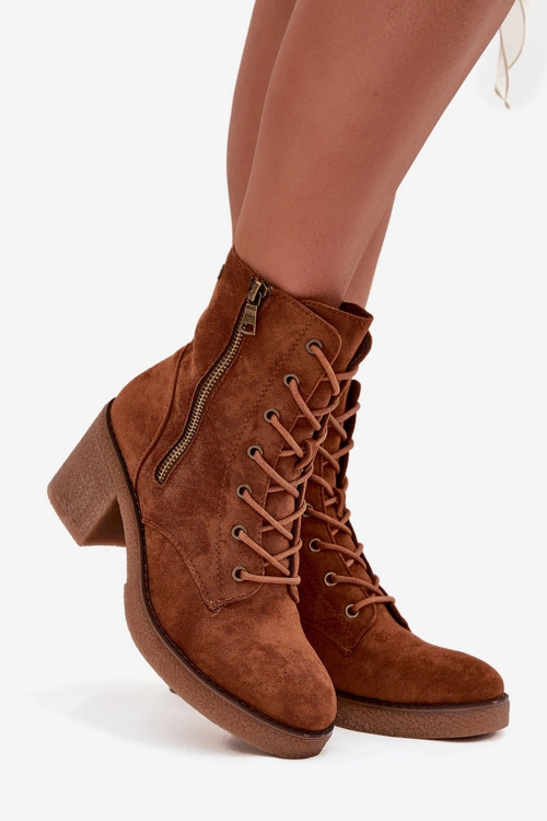 Ocieplane Botki Damskie Ze Sznurowaniem I Suwakami Camel Paressa