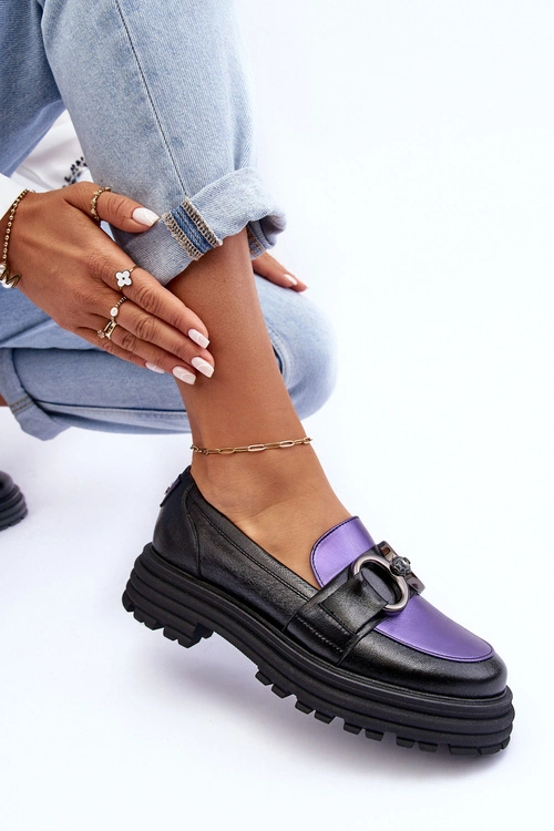 Półbuty Loafersy Damskie Skórzane Na Płaskim Obcasie Czarno-Fioletowe Elkiza