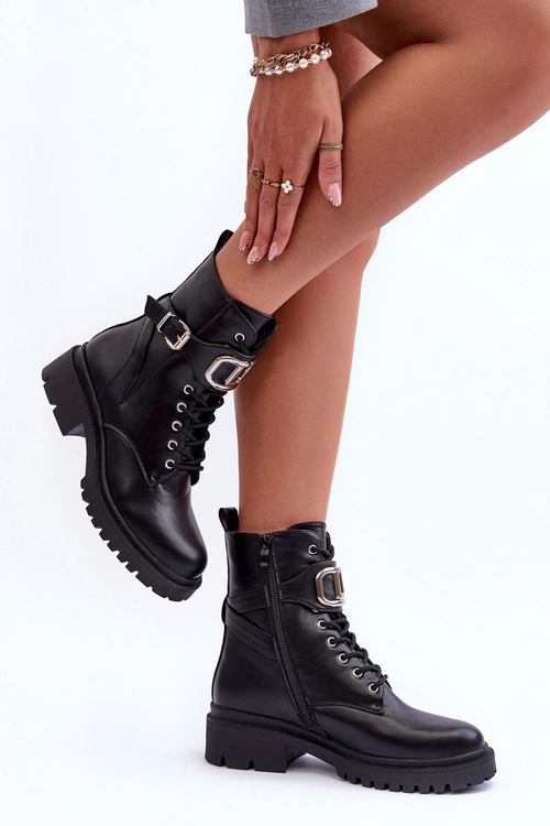 Modne Botki Workery Z Ozdobą Czarne Ollia