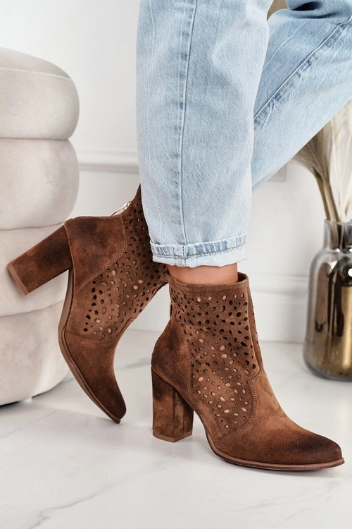 Ażurowe Botki Na Słupku Zamszowe Exquisite 1219 Koniak