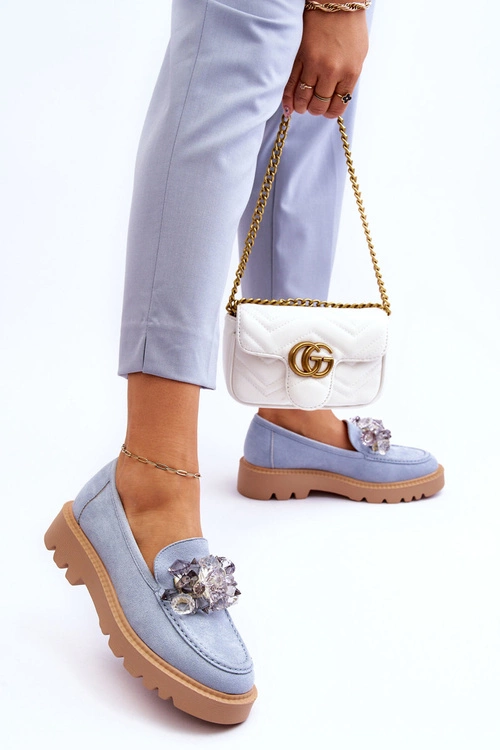 Modne Zamszowe Mokasyny Z Kryształkami Niebieskie Demeris