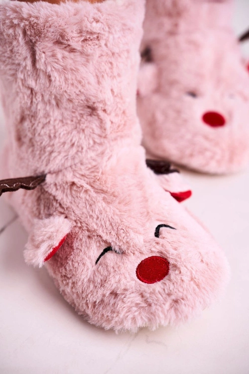 Świąteczne Papcie Z Reniferem Ocieplone Kożuszkiem Różowe Rudolph