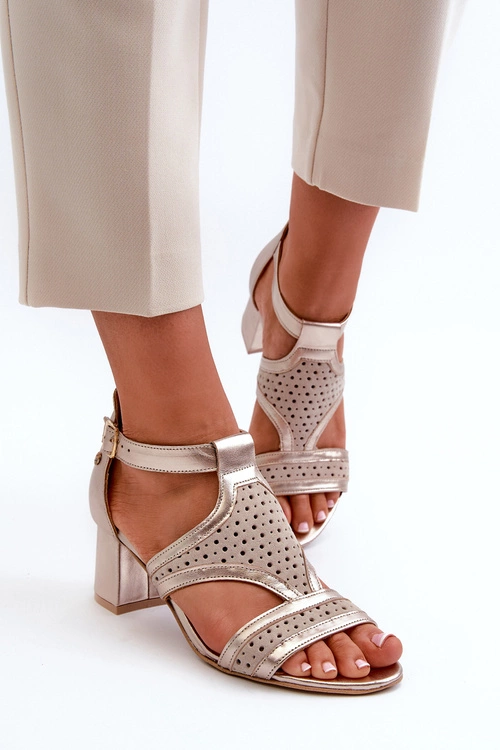 Damskie Skórzane Sandały Na Słupku Maciejka 06459-25 Beżowo-Złote