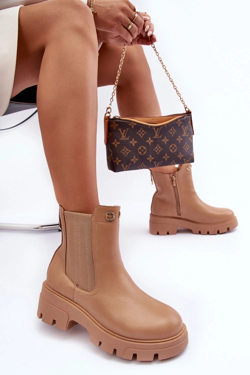 Sztyblety Botki Damskie Skórzane Z Ozdobami Beżowe Lobb