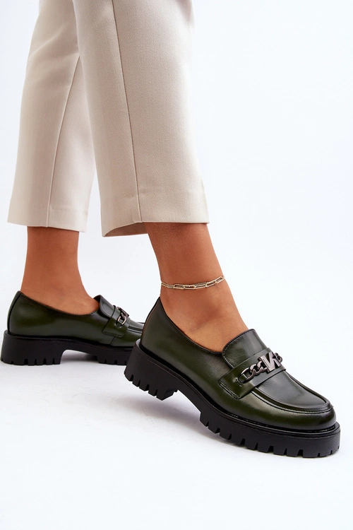 Skórzane Mokasyny Damskie Z Ozdobą Ciemnozielone Loraleima