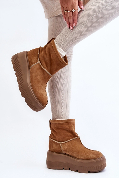 Skórzane Damskie Botki Na Masywnej Podeszwie Camel Zazoo 3424