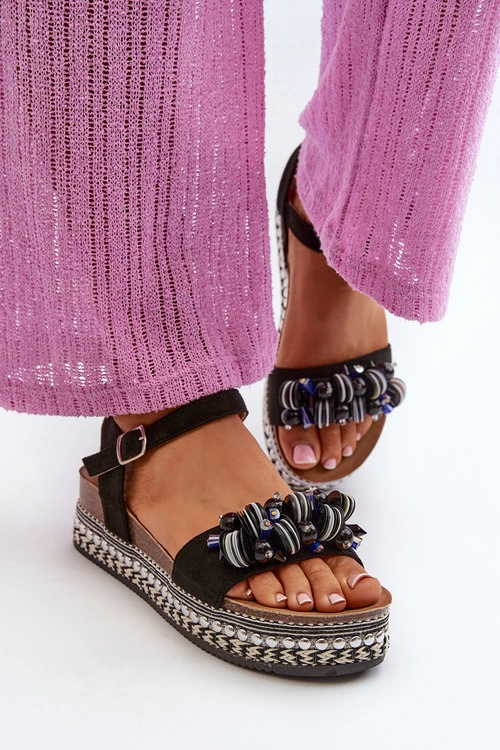 Sandały Damskie Na Koturnie I Platformie Z Ozdobami S.Barski HY056 Czarne