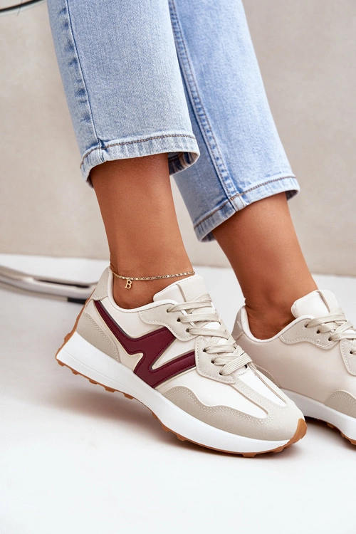 Buty Sportowe Sneakersy Damskie Beżowo-Bordowe Britma