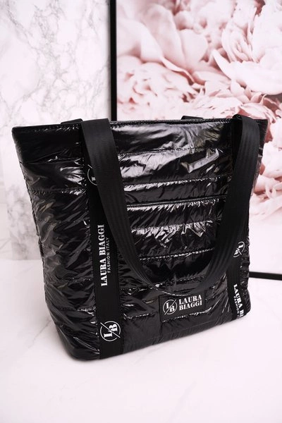 Duża Torba Shopper LAURA BIAGGI Czarna Białe Logo