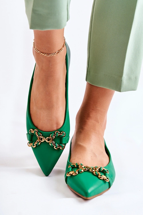 Damskie Skórzane Baleriny W Szpic Z Ozdobą Zielone Carlos