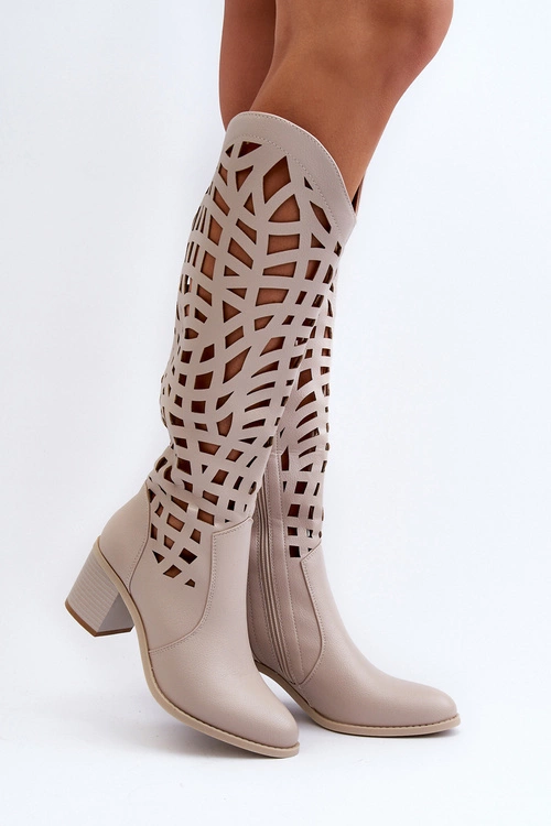 Ażurowe Kozaki Na Obcasie Beżowe Pinkema